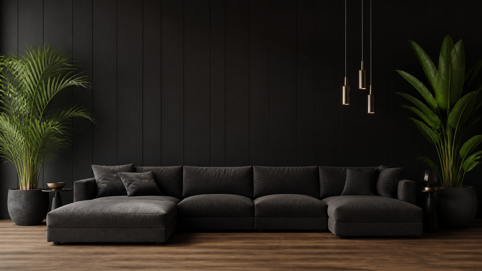 Dark contemporary living room with a charcoal sofa