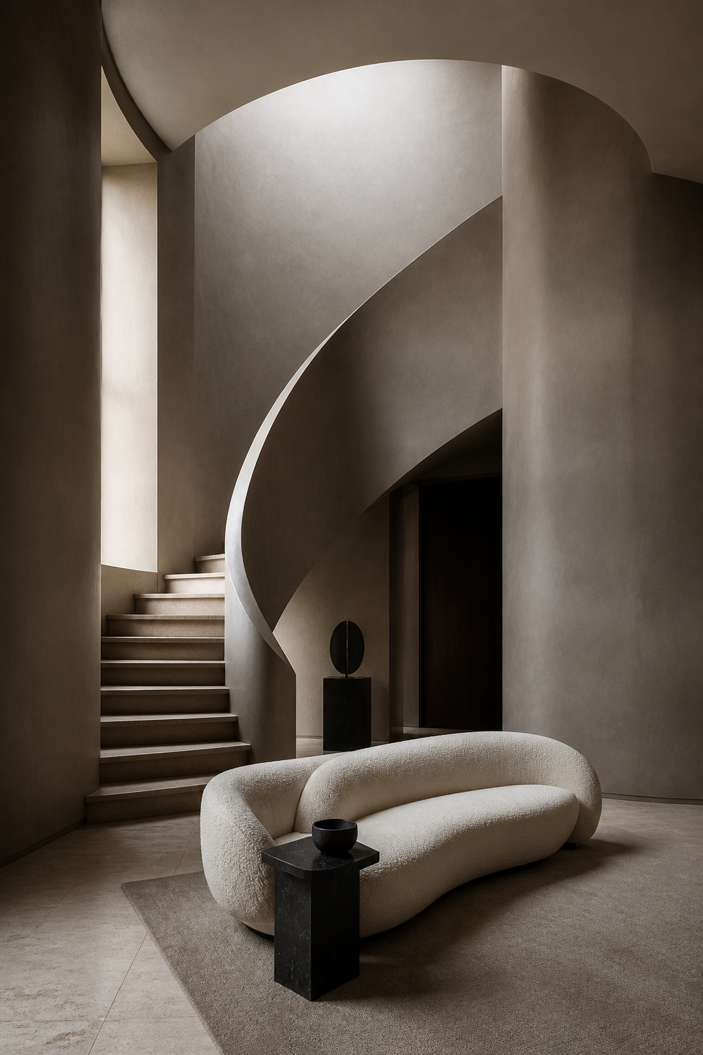 Residential study with a curved stair and sculptural seating